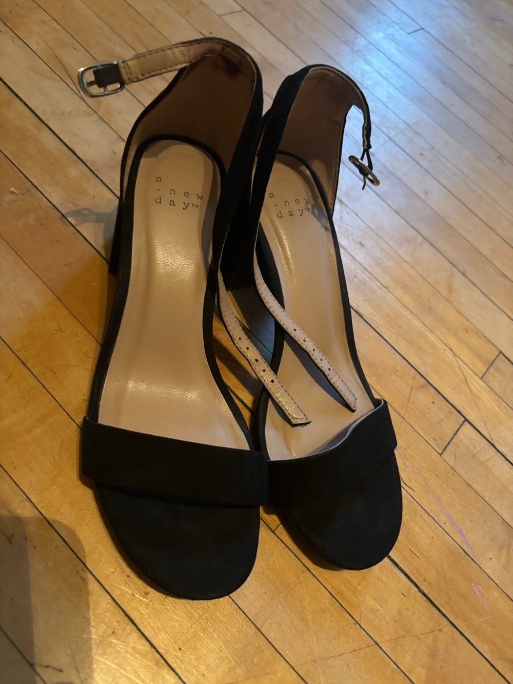 a new day Black Suede Open-Toe Block Heels with Ankle Strap